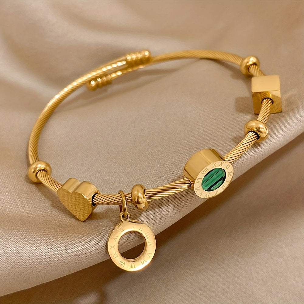 Golden Retro Punk Bangle with Green Stone & Roman Numerals – Trendy Adjustable Statement Piece