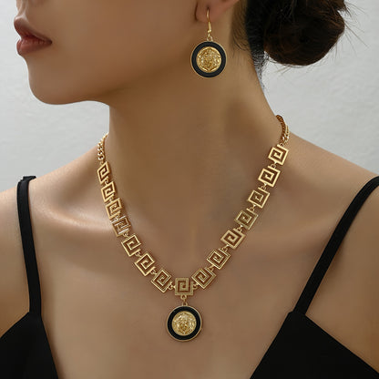 18k Gold Plated Elegant Jewelry Set – Carved Earrings & Necklace for Fashion and Power