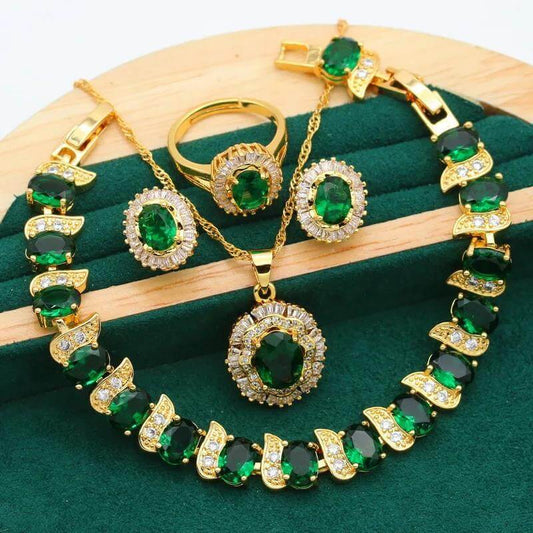 Elegant Jewelry Set 18k Gold Plated with Emerald Stone