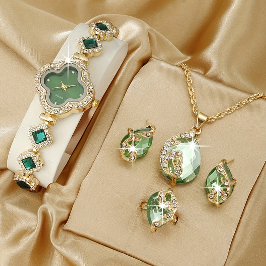 Clover Pointer Quartz Watch & Baroque Rhinestone Jewelry Set – Elegant Gift for Any Occasion