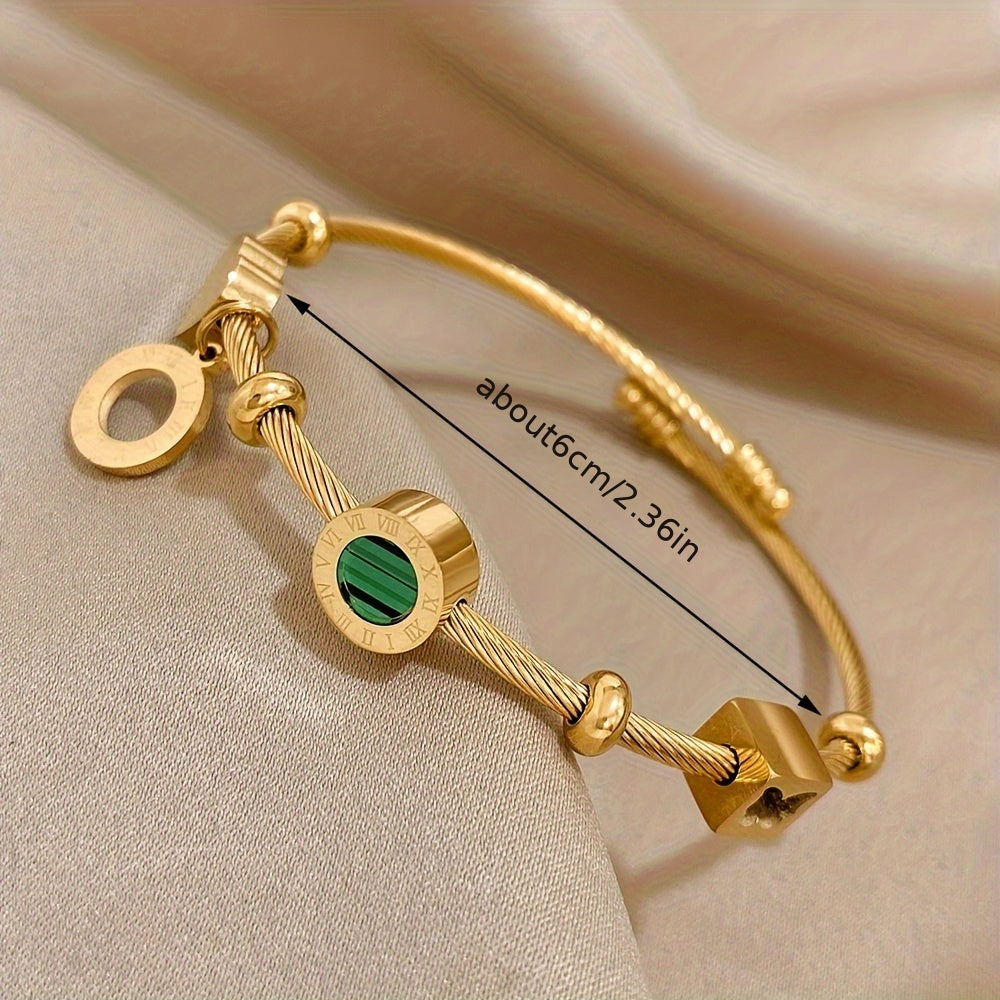 Golden Retro Punk Bangle with Green Stone & Roman Numerals – Trendy Adjustable Statement Piece