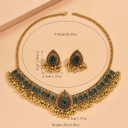 1 Pair Elegant Bollywood-Style Earrings & 1 Necklace Set - Vintage Charm with Inlaid Gemstones for Daily Wear & Parties