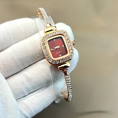 Luxury Rhinestone Quartz Watch - Featuring Dazzling Accents, Precise Movement, Classic Analog Display, Stylish Square Pointer, Radiant Shiny Finish, and Elegant Bracelet Wristband - Designed Exclusively for Women