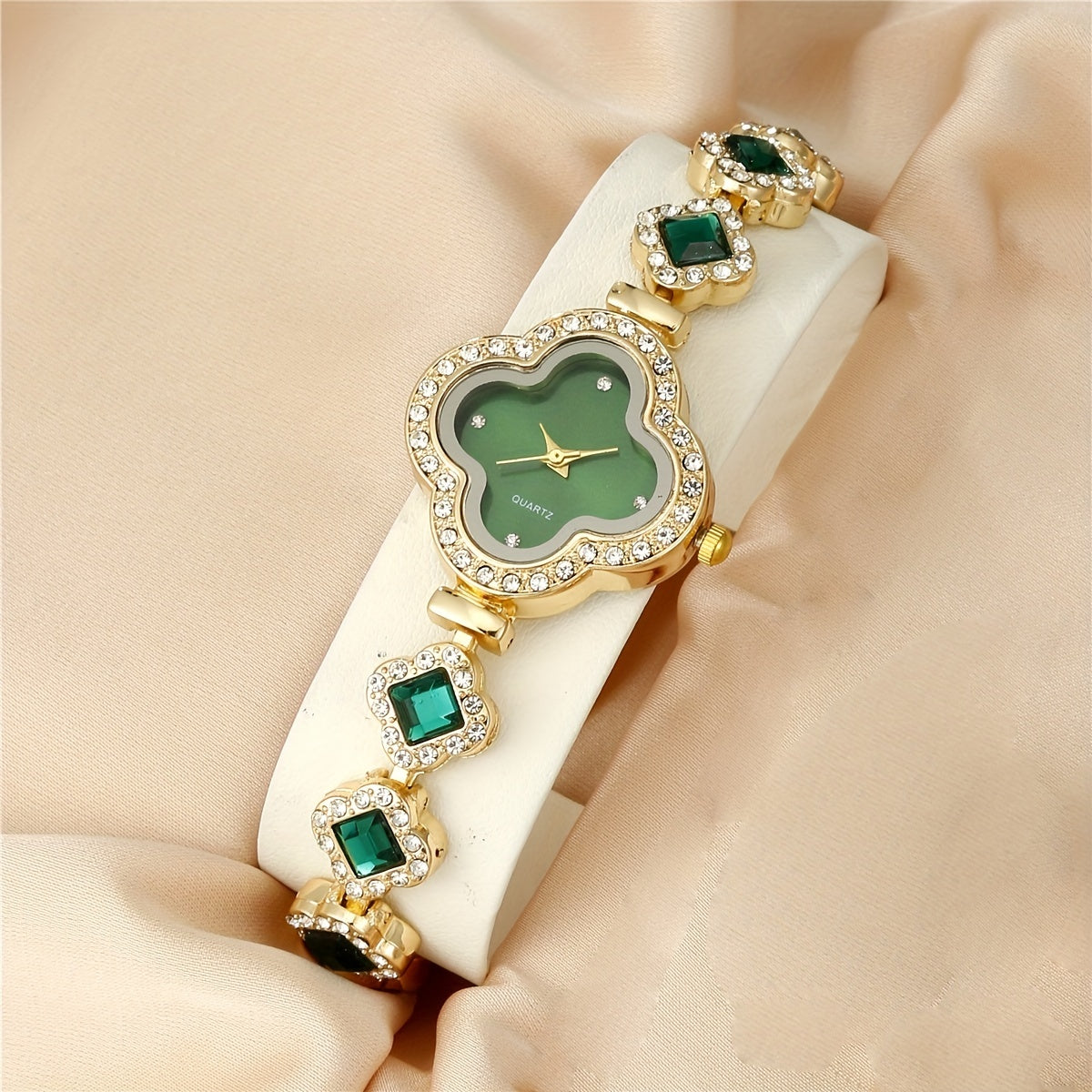 Clover Pointer Quartz Watch & Baroque Rhinestone Jewelry Set – Elegant Gift for Any Occasion