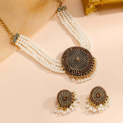 Exquisite Ethnic Jewelry Set - Multi-Layer Faux Pearl Necklace & Vintage Drop Earrings