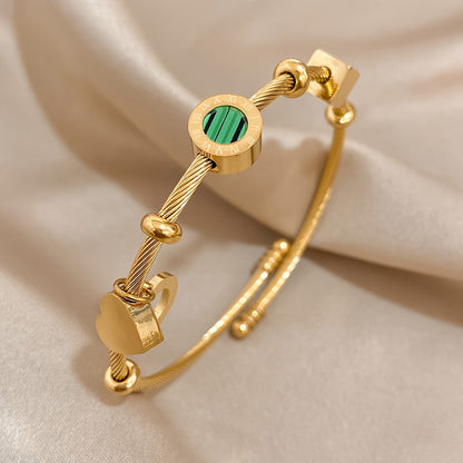 Golden Retro Punk Bangle with Green Stone & Roman Numerals – Trendy Adjustable Statement Piece