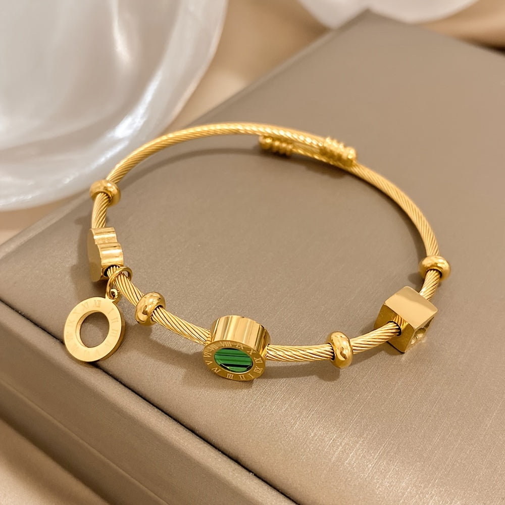 Golden Retro Punk Bangle with Green Stone & Roman Numerals – Trendy Adjustable Statement Piece