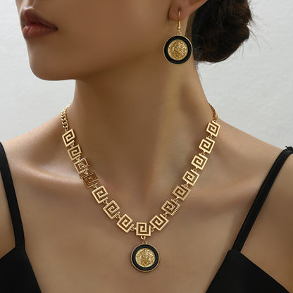 18k Gold Plated Elegant Jewelry Set – Carved Earrings & Necklace for Fashion and Power