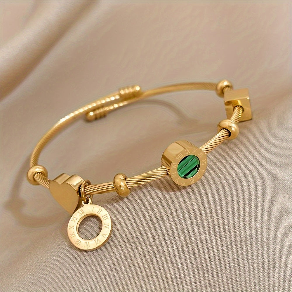 Golden Retro Punk Bangle with Green Stone & Roman Numerals – Trendy Adjustable Statement Piece