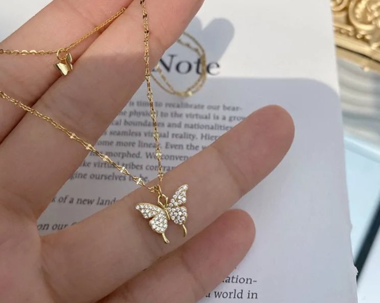 ANENJERY 925 Sterling Silver CZ Butterfly Necklace: Double Layer Dainty Jewelry BAMBY