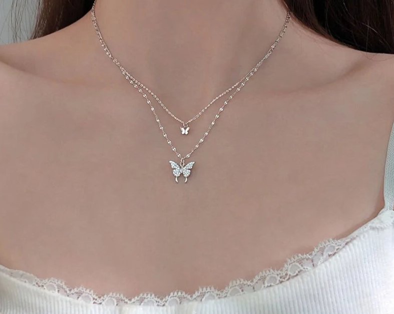 ANENJERY 925 Sterling Silver CZ Butterfly Necklace: Double Layer Dainty Jewelry BAMBY