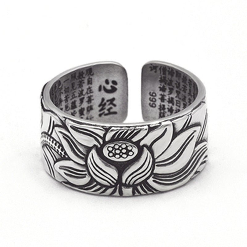 Buddhism Jewelry Like Vintage And Old Real Silver Plated Prajna Paramita Heart Sutra Lotus Ring BAMBY