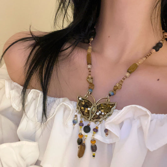 Butterfly Tassel Natural Stone Necklace Women BAMBY