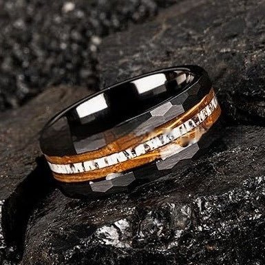 Electric Black And Rose Red Tungsten Ring 8mm Inlaid Fire Wine Barrel Wood Antlers BAMBY