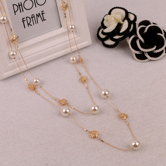 Elegant Long Multi-layer Pearl Four-leaf Clover Necklace For Women BAMBY