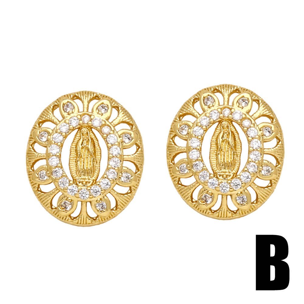 Inlaid Zircon Virgin Mary Ear Studs Copper Plating 18K Gold BAMBY