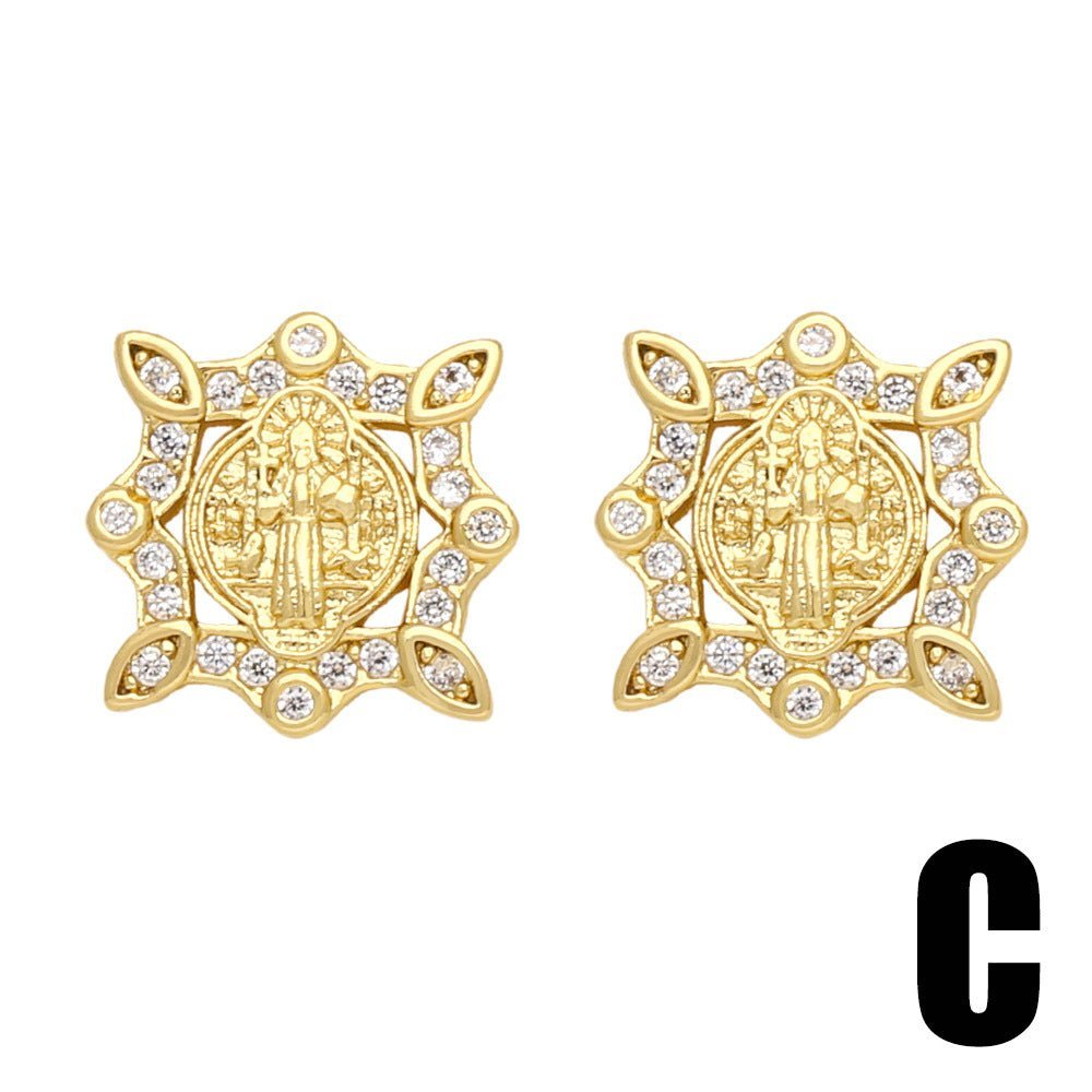 Inlaid Zircon Virgin Mary Ear Studs Copper Plating 18K Gold BAMBY