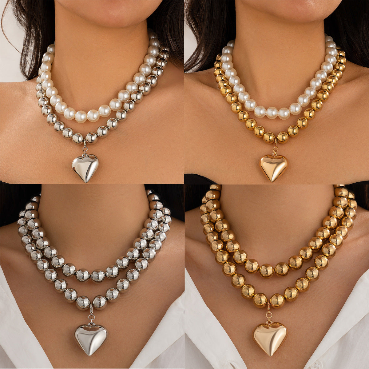 Ornament Pearl Heart Clavicle Chain Beaded Heart-shaped BAMBY