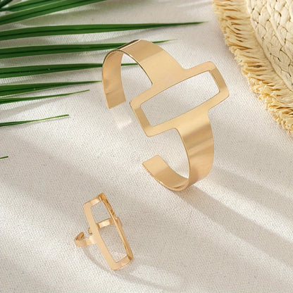 2Pcs/Set Trendy And Minimalist Geometric Square Jewelry Hollowed Out Ring And Bracelet Set Mother's Day Gift Jewelry Set