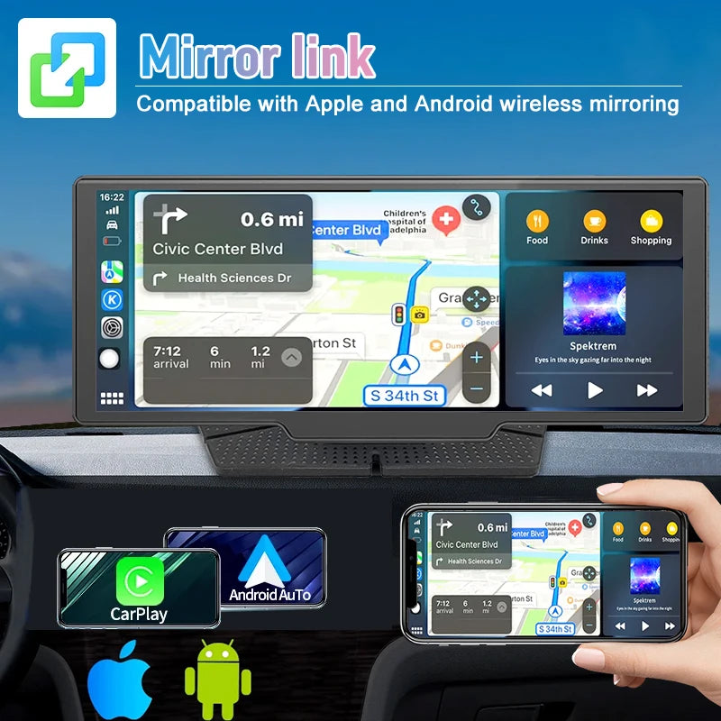 10.26 Inch Touch Screen 2K Car Portable Wireless Apple CarPlay Android Auto Radio Multimedia GPS HD Cam 1080P Stereo