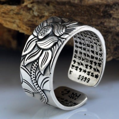 Thai Silver Black Men'S And Women'S Lotus Heart Sutra Ring BAMBY