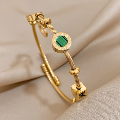 Golden Retro Punk Bangle with Green Stone & Roman Numerals – Trendy Adjustable Statement Piece