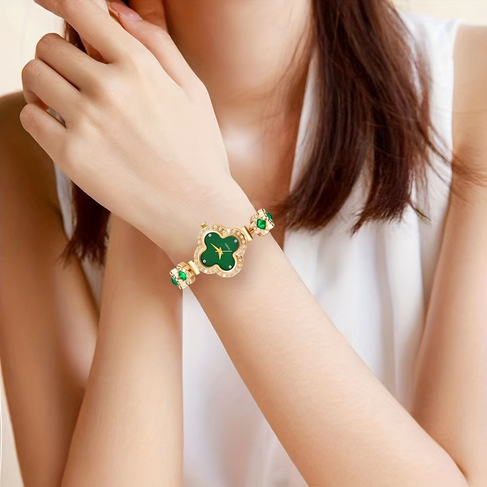 Clover Pointer Quartz Watch & Baroque Rhinestone Jewelry Set – Elegant Gift for Any Occasion