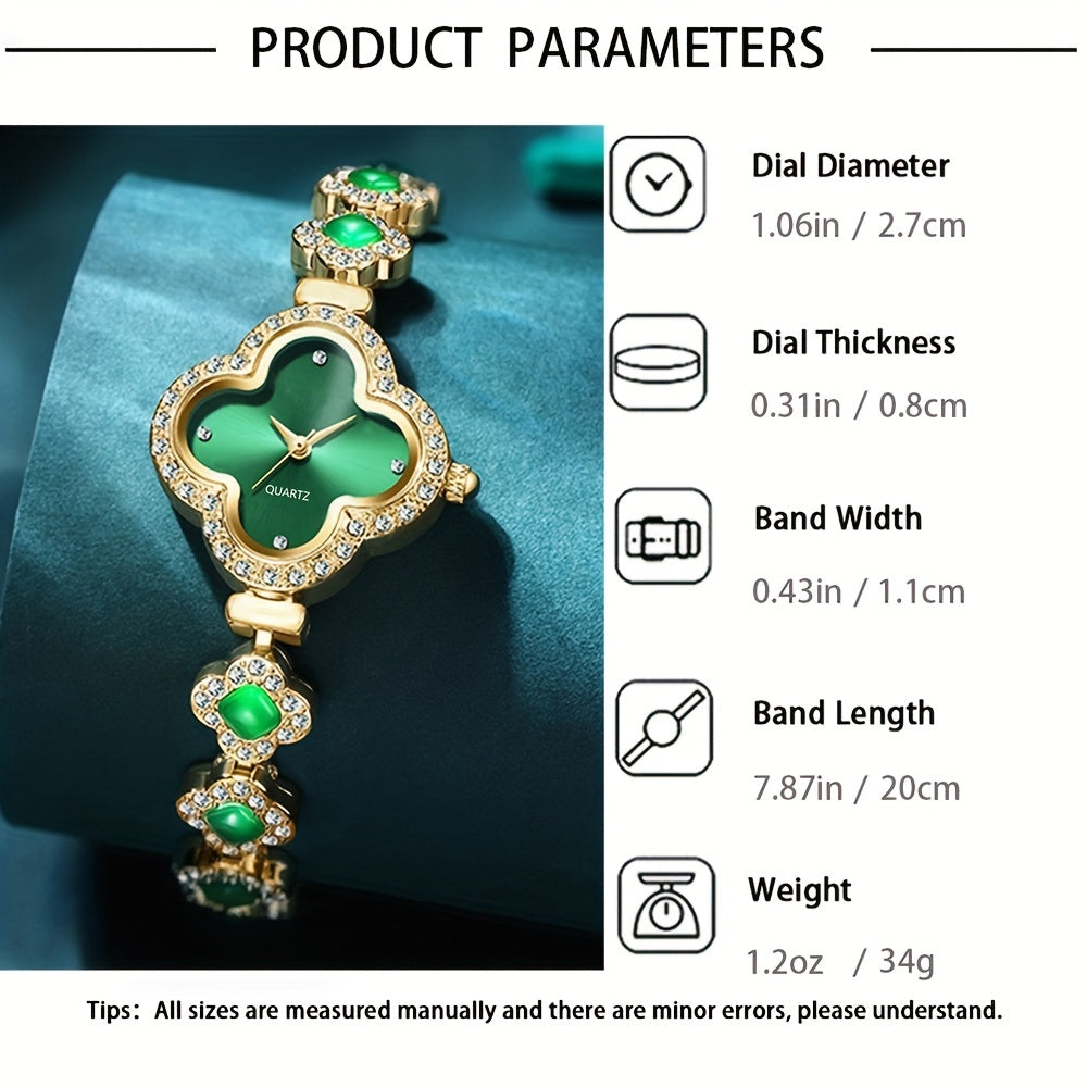 Clover Pointer Quartz Watch & Baroque Rhinestone Jewelry Set – Elegant Gift for Any Occasion