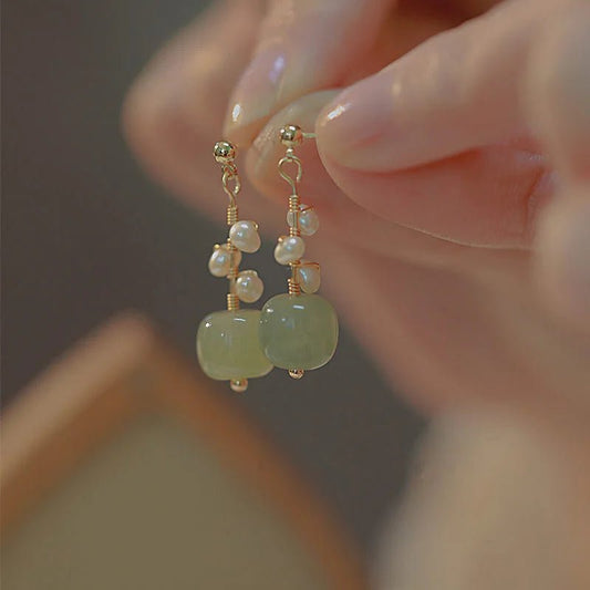 mitation Hetian Jade Pearl Drop Earrings - Ancient Chinese Style for Hanfu Cosplay and Ethnic Fashion Jewelry BAMBY